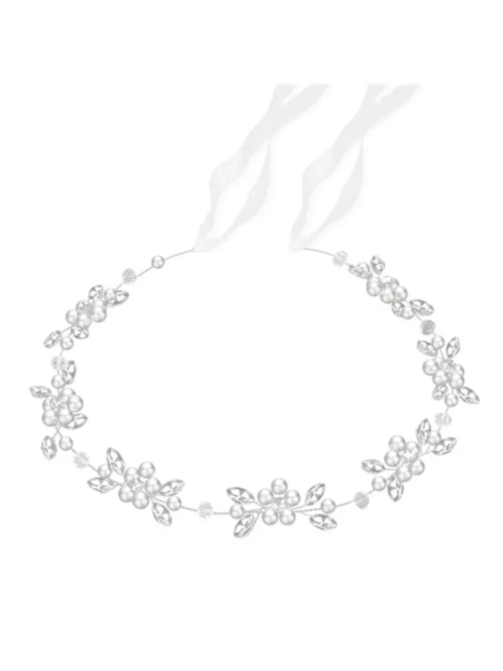 Pearl Rhinestone Flower Wedding Hair Headband Bridal Accessories Silver White